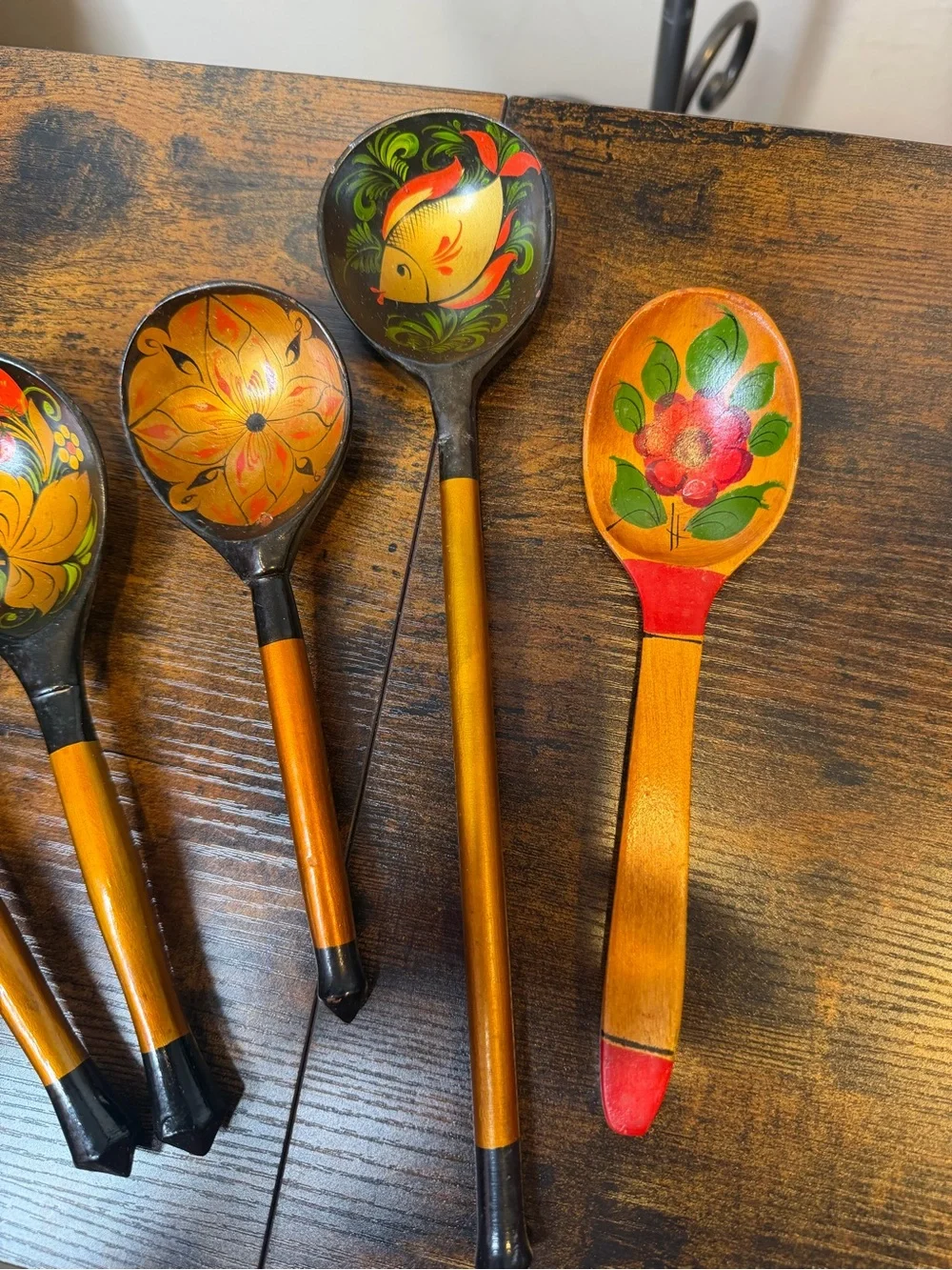 Hand-Painted Black and Gold Wooden Decorative Spoons Set of 5